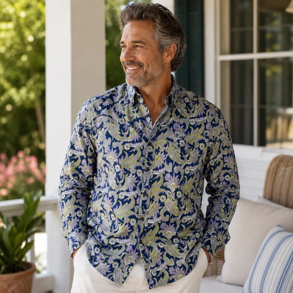 Alan Flusser Men XL Blue Paisley Floral Print Button Up Front Cotton Long Sleeve